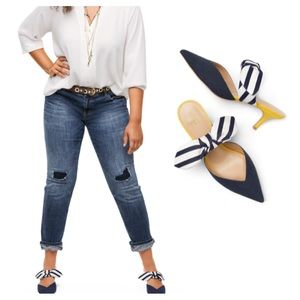 CAbi Kitten Heel NAVY / YELLOW STRIPED BOW SLIDES MULES size 9 M